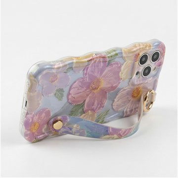 Wobomatic Floral Twist-Edge iPhone Case with wrist strap in green, purple and blue - retro INS style