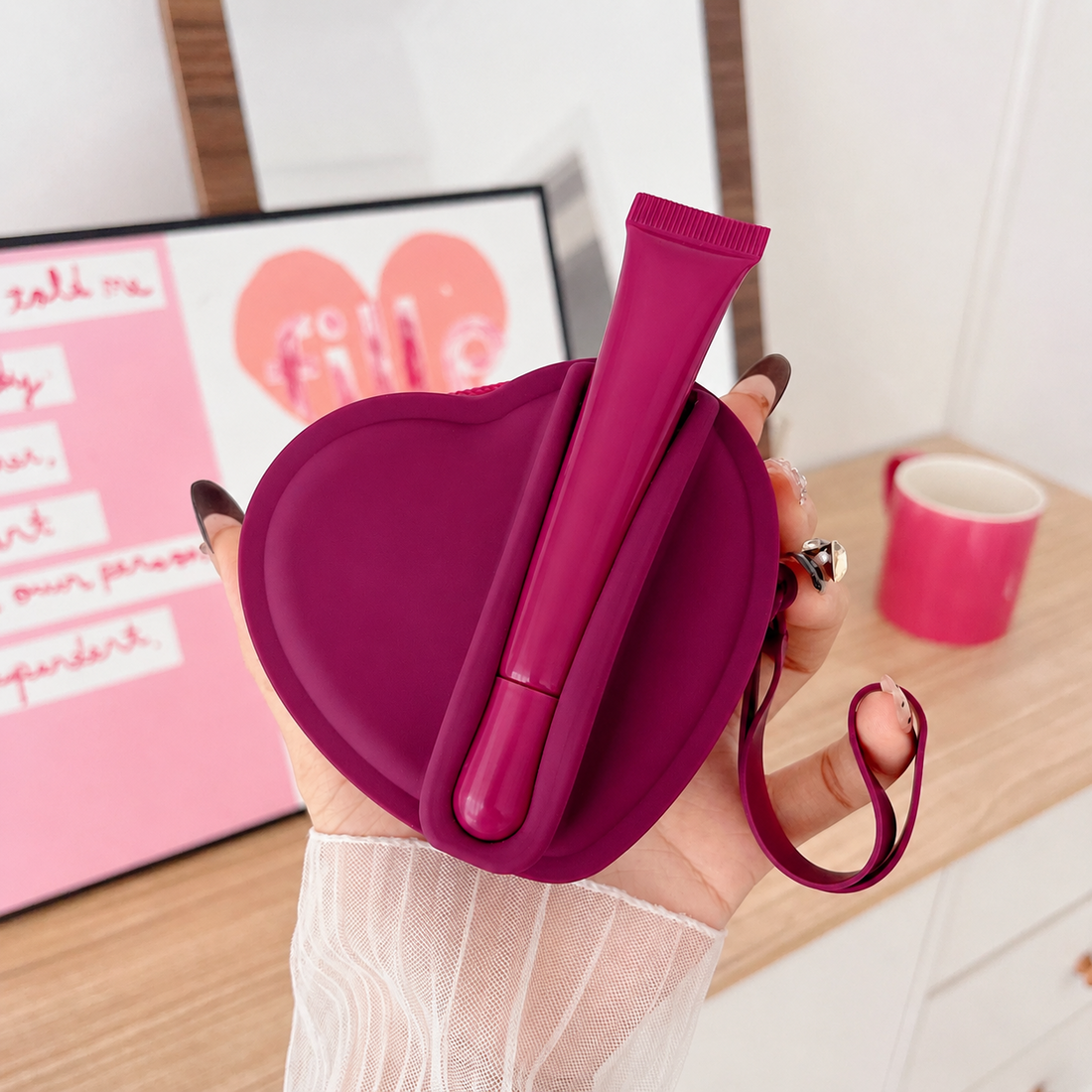 Herz-Silikon-Schlüsselanhänger-Tasche mit Lipgloss-Halter und Handschlaufe