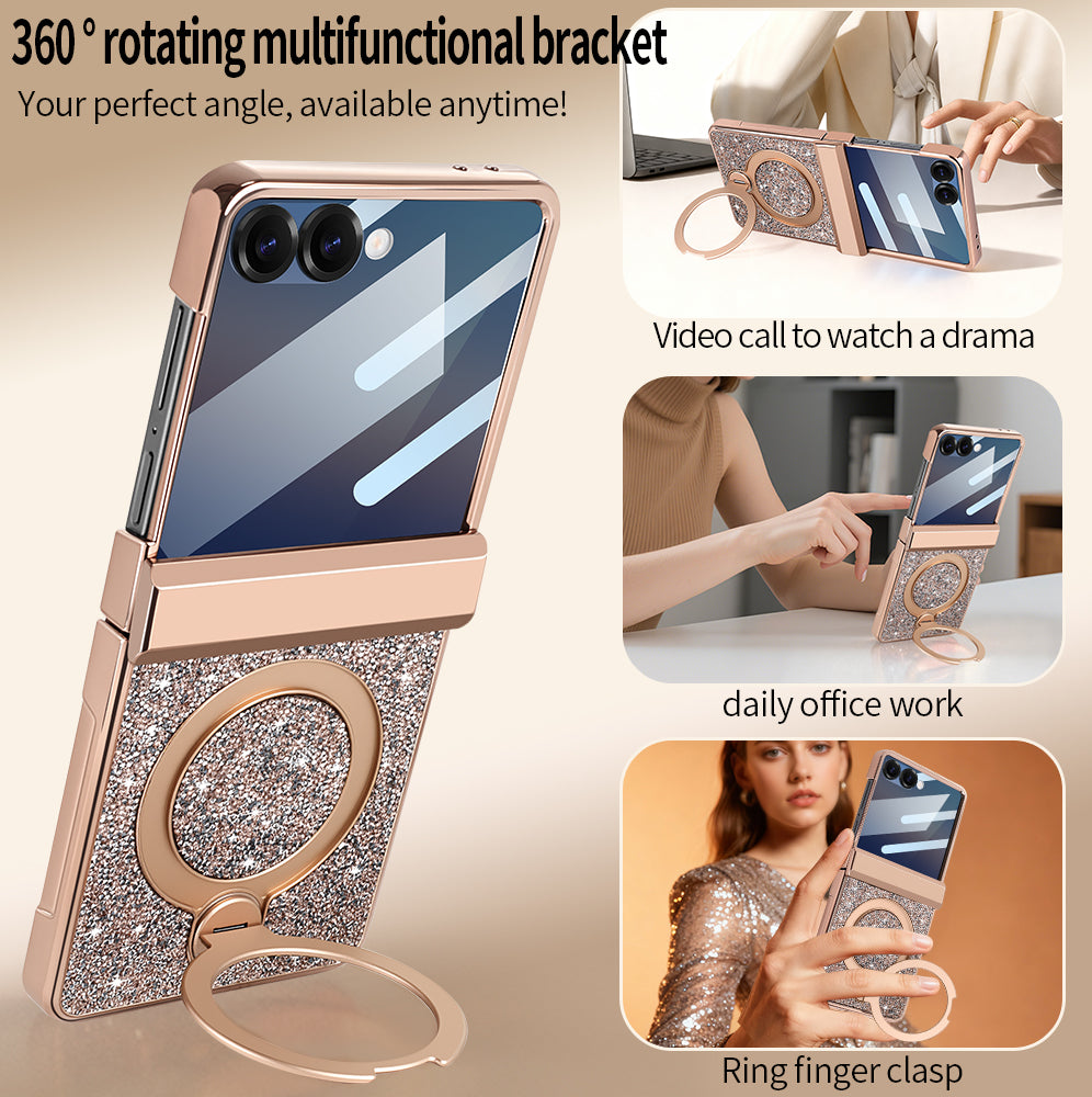 360-degree rotating multifunctional ring bracket demonstration showing video call, office desk, and finger clasp usage modes.