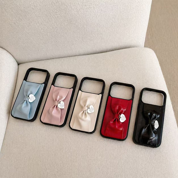 3D Bow Heart Charm iPhone Case – Available in 5 Colors | Coquette Vegan Leather Phone Case for iPhone 14 to 17