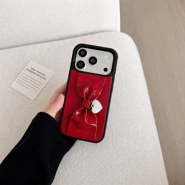3D Bow Heart Charm iPhone Case in Crimson Red – Coquette Aesthetic Vegan Leather Phone Case