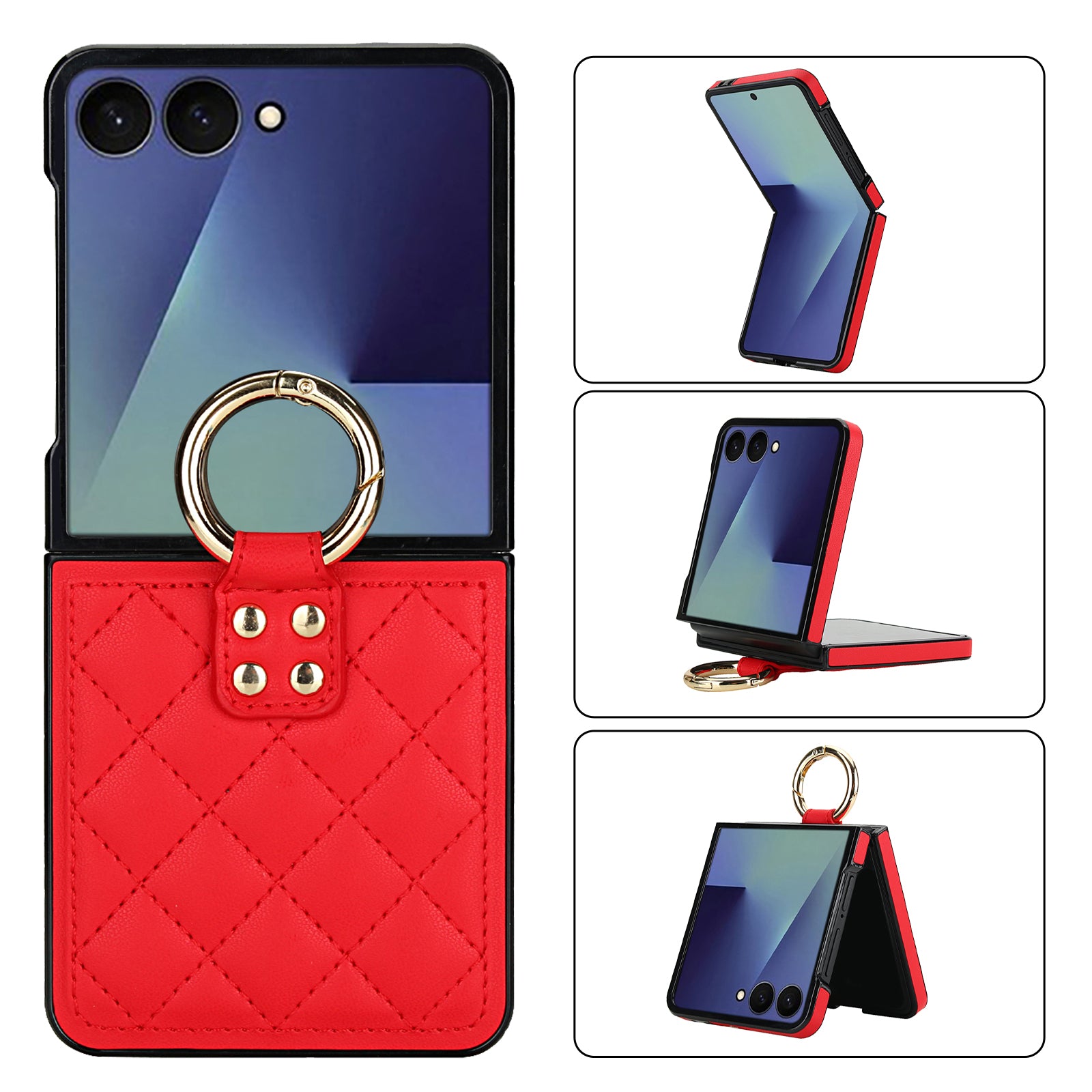 Samsung Galaxy Z Flip 8 quilted leather case in Red with gold ring kickstand – 180° folding design