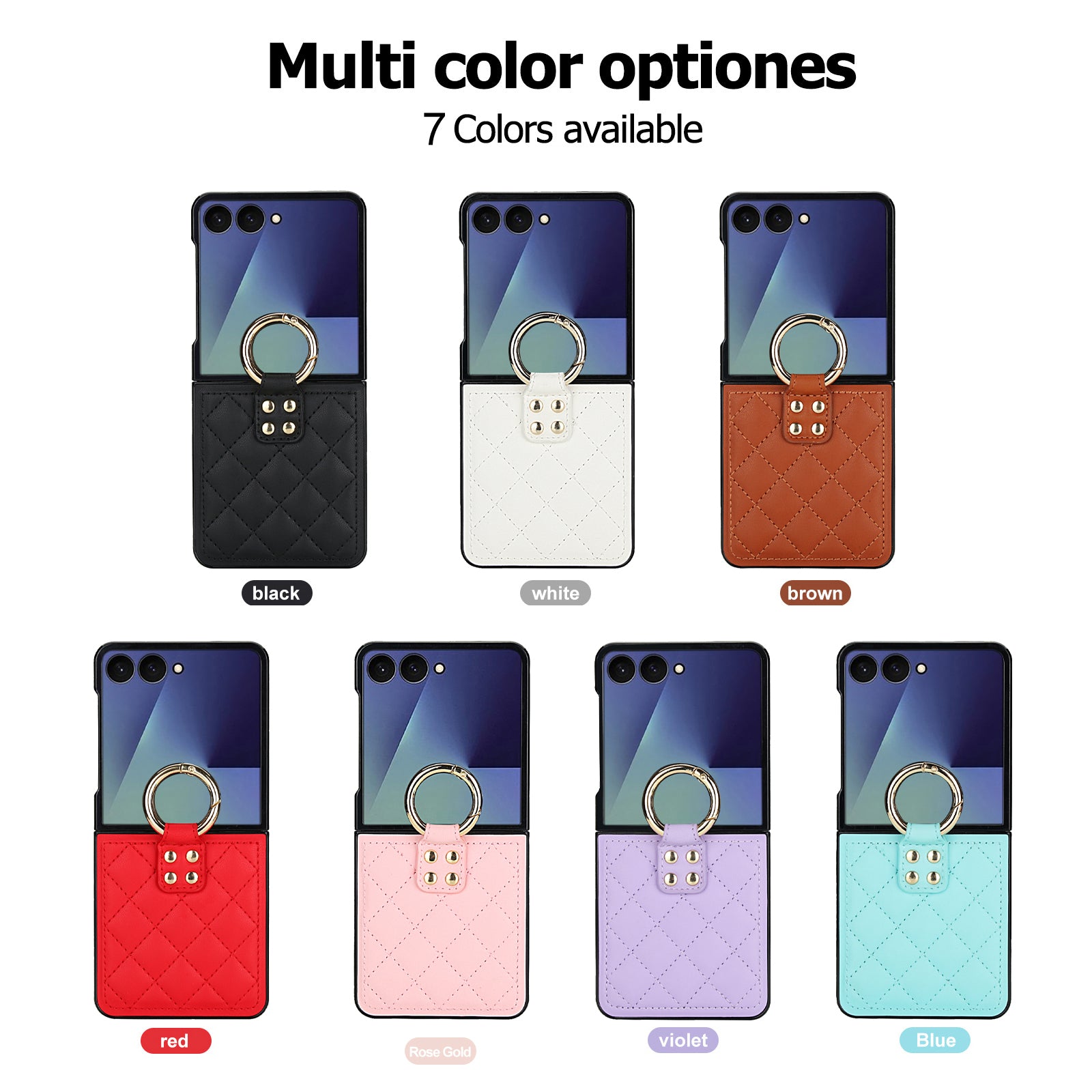 7 color variants of Samsung Galaxy Z Flip 8 leather phone cases with gold ring holder tabs including pink, mint, purple, white, brown, red, and black.