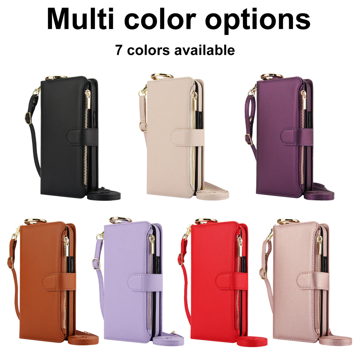 7 color options for Samsung Galaxy leather crossbody wallet cases including black, beige, purple, brown, lavender, red, and rose gold