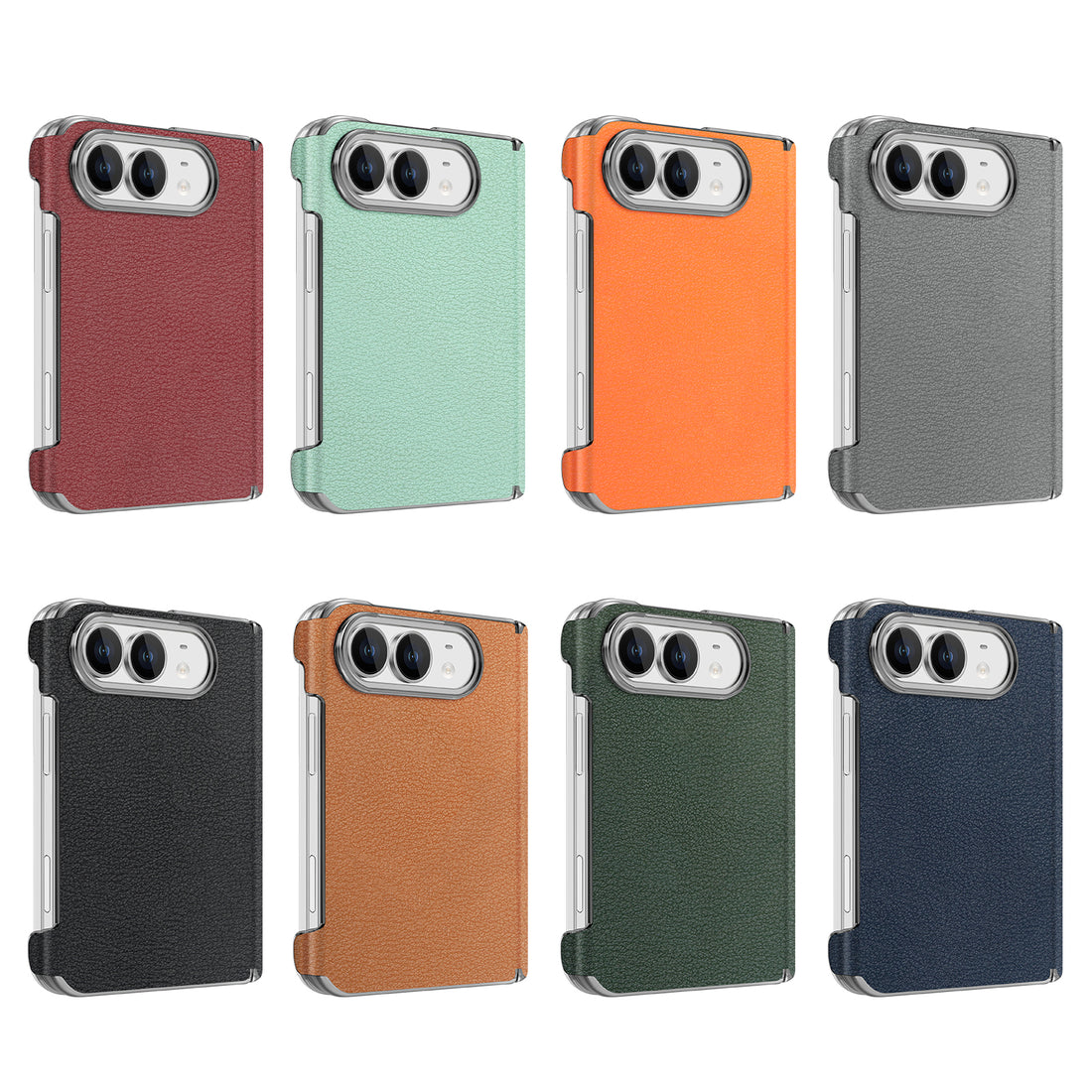 8 color variations of premium vegan leather hinge protective cases for Apple iPhone DUO.