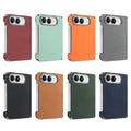 8 color variations of premium vegan leather hinge protective cases for Apple iPhone DUO.