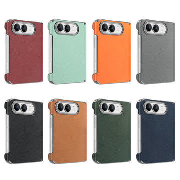 8 color variations of premium vegan leather hinge protective cases for Apple iPhone DUO.