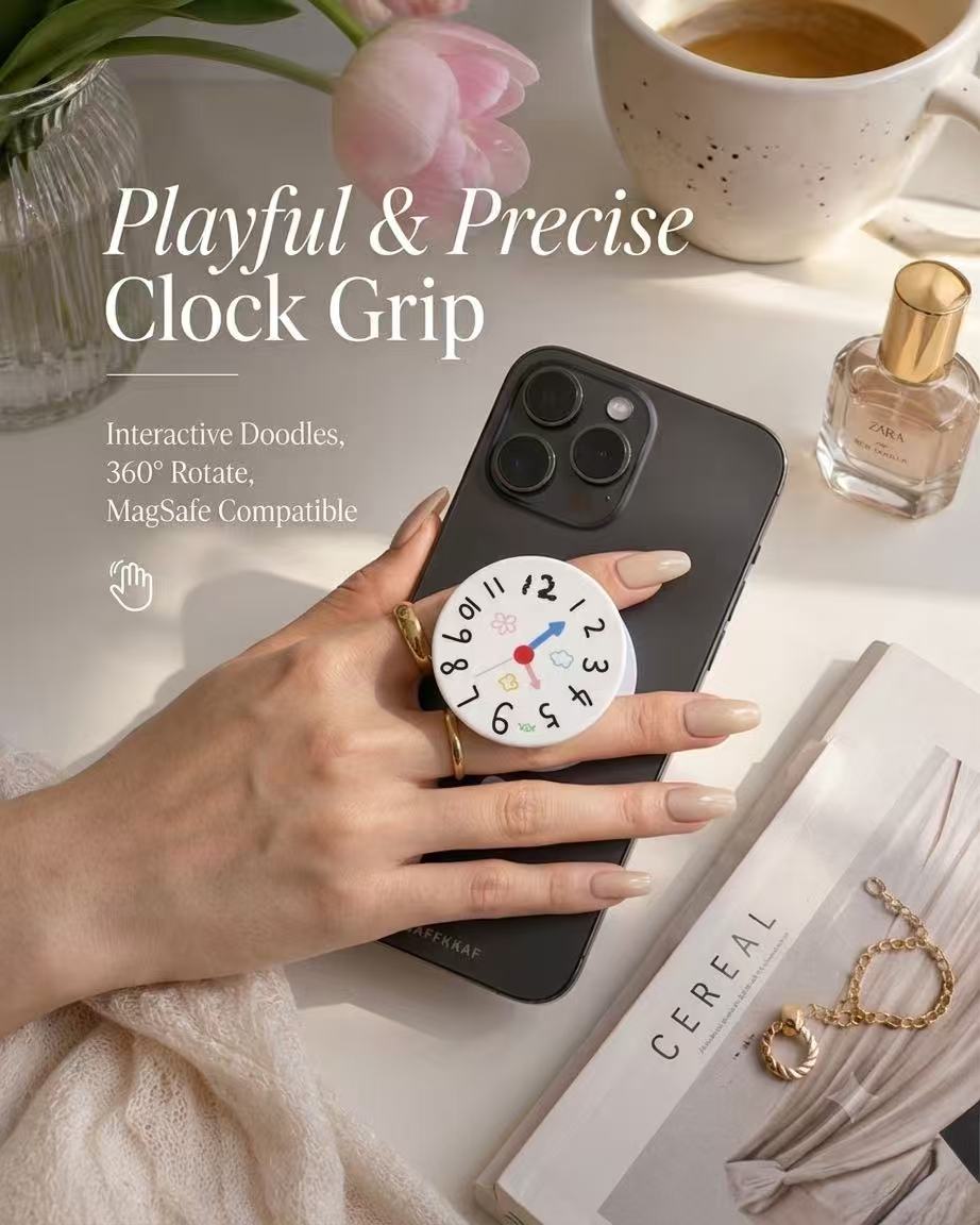 A beautifully styled commercial-style top-down photo featuring an open hand holding a black smartphone. The phone's back is fitted with a circular grip designed as a playful, illustrative clock face (showing numbers and cute icons). The collapsing base has white and pink stripes. Decorative background elements include pink tulips in a ribbed vase, a cup of espresso, a bottle of Zara perfume, a magazine ("Cereal"), and a delicate gold necklace with a charm. Large white text overlay reads: "Playful & Precise 