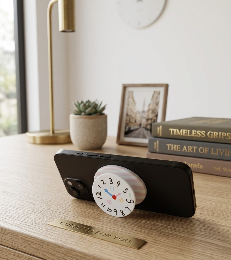 A black smartphone propped up horizontally on a wooden desk, standing on a pop-out grip designed as a playful, hand-drawn clock face. The collapsible base is white with pink stripes. The desk environment includes a large brass lamp, a potted succulent, a framed photo of a European street scene, and a stack of books with the top book titled "Timeless Grips." A small brass plaque in front reads "CURATED FOR YOU." The overall style is bright and thoughtfully curated.