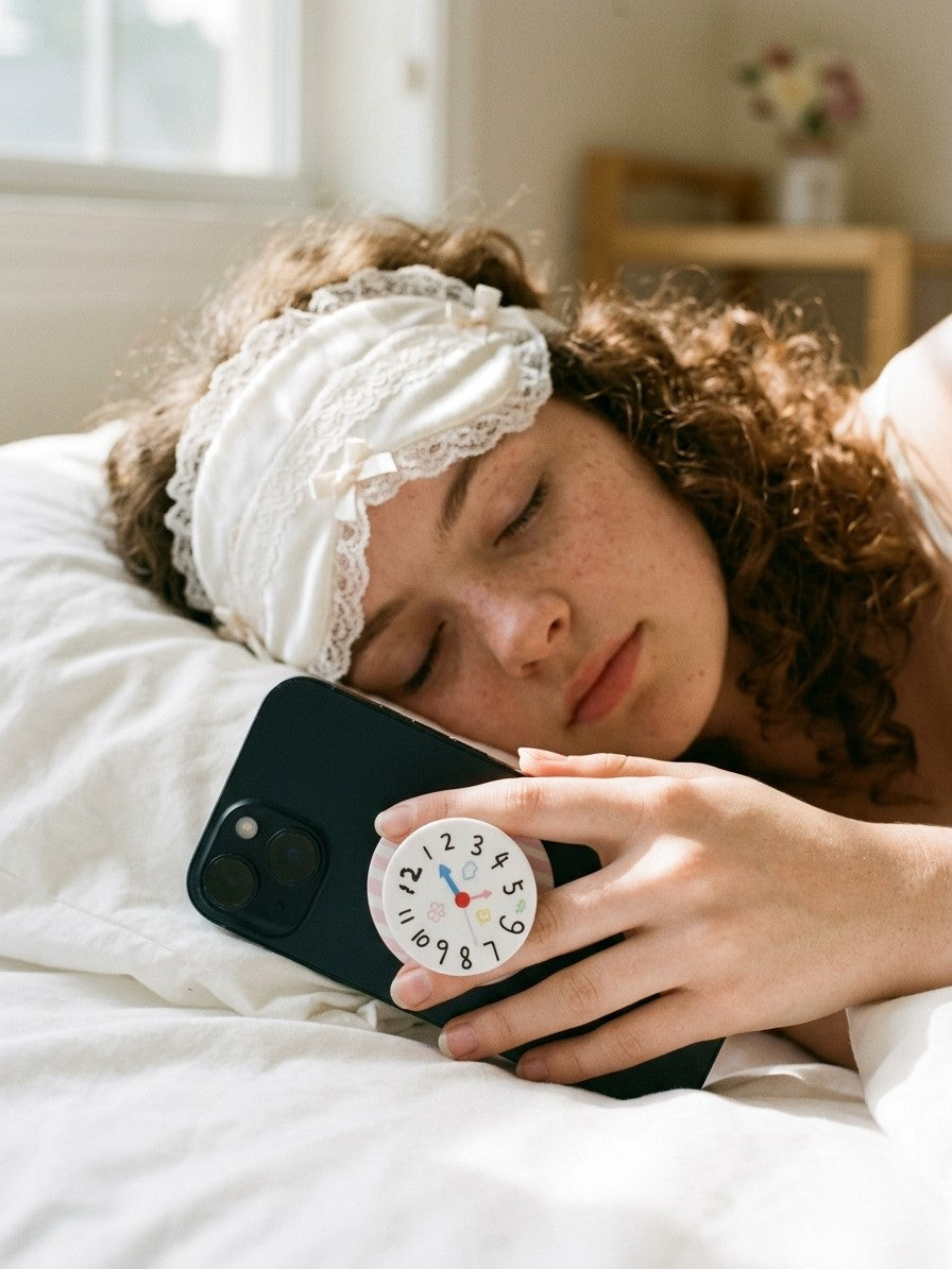 A close-up photograph of a woman with curly brown hair, wearing a white silk and lace sleeping mask with bows, resting in a comfortable white-sheet bed. Her hand holds up a dark smartphone, showing the circular grip with a hand-drawn clock design (numbers, heart, and cloud doodles). The collapsible base is white with pink stripes. In the soft-focus background are warm light and a wooden object.