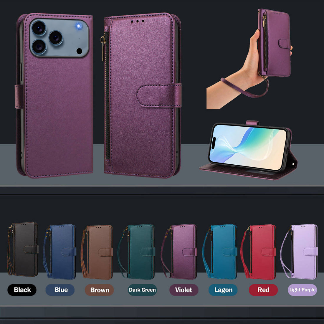All 8 colors overview — card slots, zipper pocket, wrist strap