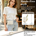 A model wearing the off-white quilted crossbody case for iPhone DUO with package callout showing the 1x removable adjustable shoulder strap (46-92) and 1x detachable wrist strap.