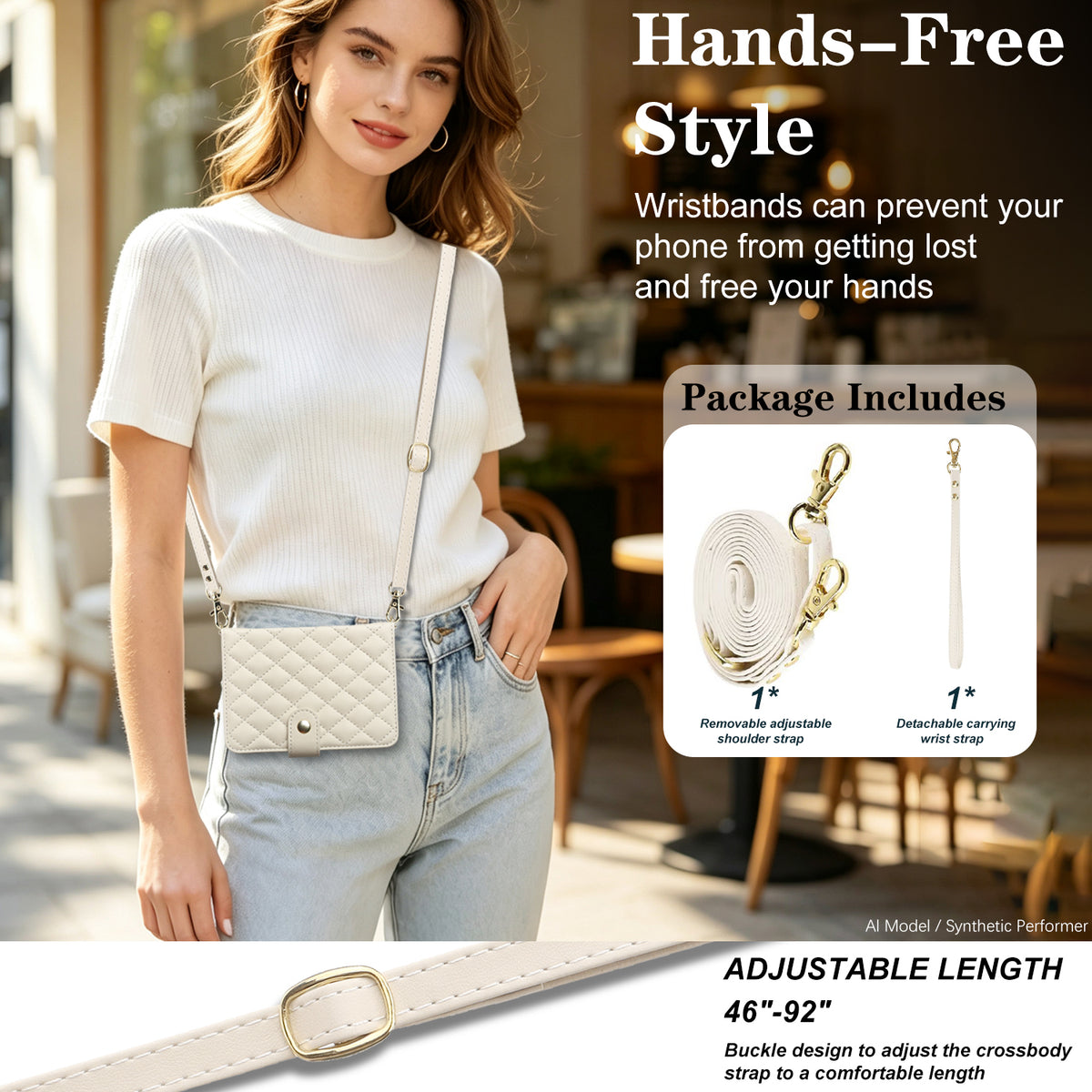 A model wearing the off-white quilted crossbody case for iPhone DUO with package callout showing the 1x removable adjustable shoulder strap (46-92) and 1x detachable wrist strap.
