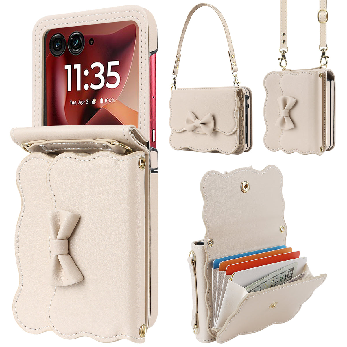 Apricot cream bow leather crossbody case for Motorola RAZR displaying soft neutral leather tone, short handle strap, shoulder lanyard, and open card pouch.