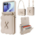 Apricot leather crossbody wallet case for Samsung Galaxy Z Flip showing bow detail, wristlet strap, shoulder strap, and open card slots holding cards and cash