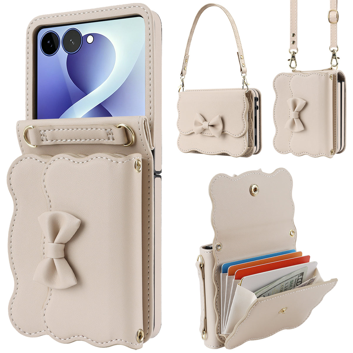 Apricot leather crossbody wallet case for Samsung Galaxy Z Flip showing bow detail, wristlet strap, shoulder strap, and open card slots holding cards and cash