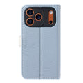 Back view of the sky blue leather iPhone case showing precise camera lens protection and cutout.