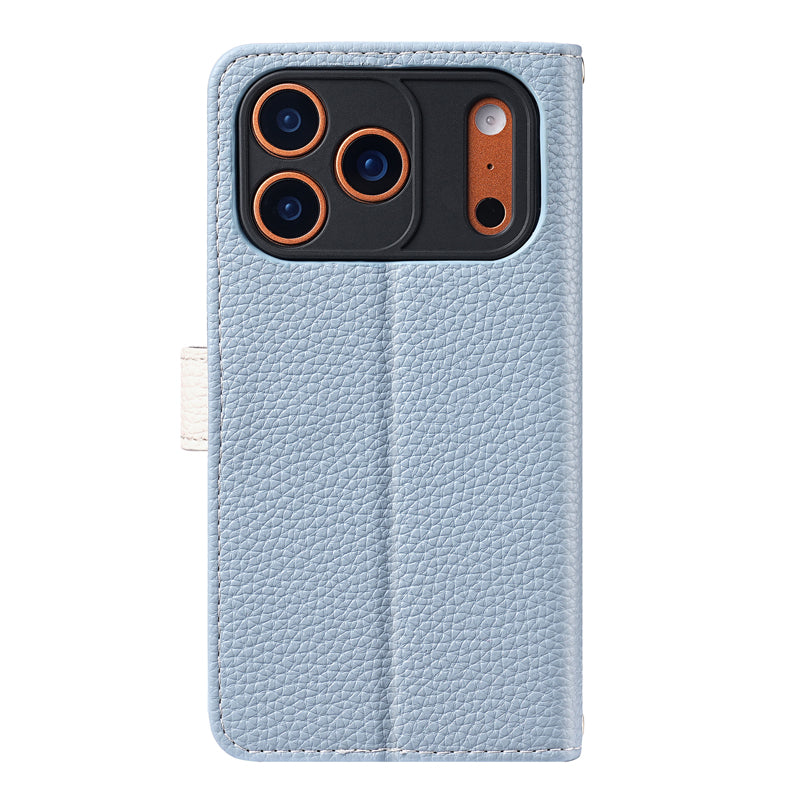 Back view of the sky blue leather iPhone case showing precise camera lens protection and cutout.