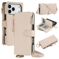 Beige/cream leather wallet phone case composite showing a rear camera cut-out, adjustable crossbody strap, and an open interior with multiple card slots and a cash compartment holding currency.