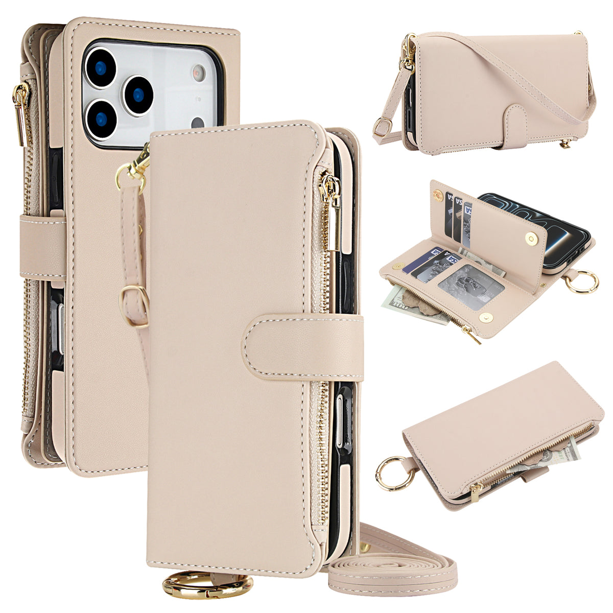 Beige/cream leather wallet phone case composite showing a rear camera cut-out, adjustable crossbody strap, and an open interior with multiple card slots and a cash compartment holding currency.