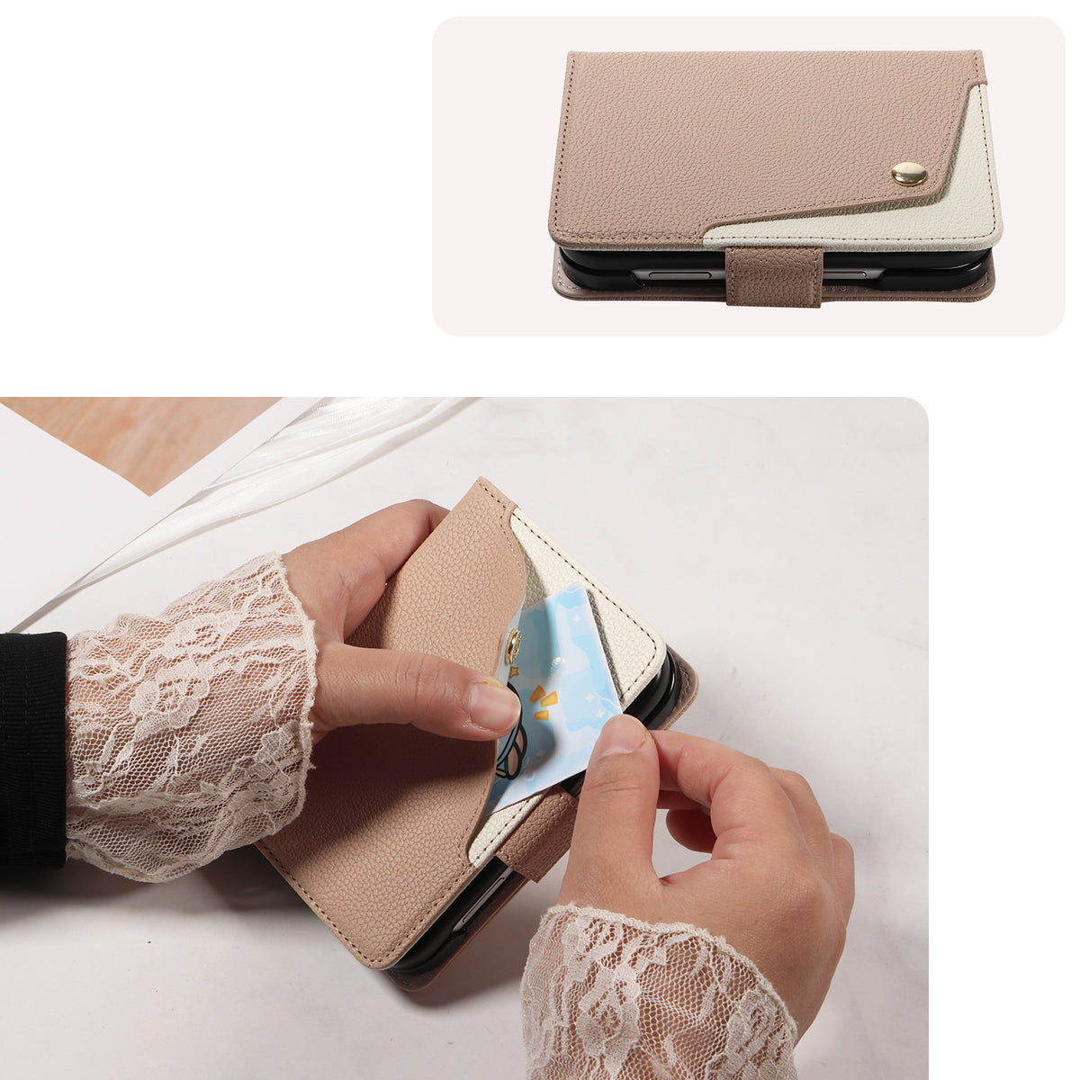Beige dual-tone leather iPhone DUO case showing close-up view of hands pulling a credit card out of the exterior brass snap button pocket.
