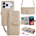 Beige pebbled leather crossbody wallet case for iPhone 18 Pro Max with detachable wristlet, strap, zipper pocket, and tri-fold card slots.