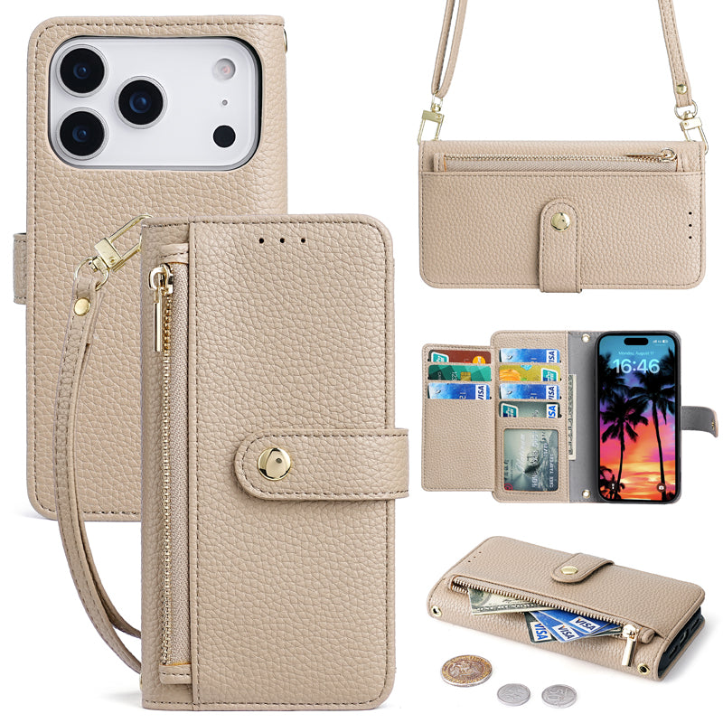 Beige pebbled leather crossbody wallet case for iPhone 18 Pro Max with detachable wristlet, strap, zipper pocket, and tri-fold card slots.