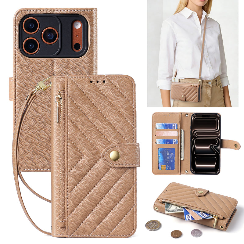 Beige pebble leather crossbody phone wallet case with open cash slot, card storage, detachable lanyard, and camera module protection.