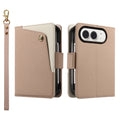 Beigetan dual-tone leather wallet case for iPhone DUO showing the front snap card pocket, back camera cutout, and detachable matching wristlet strap.