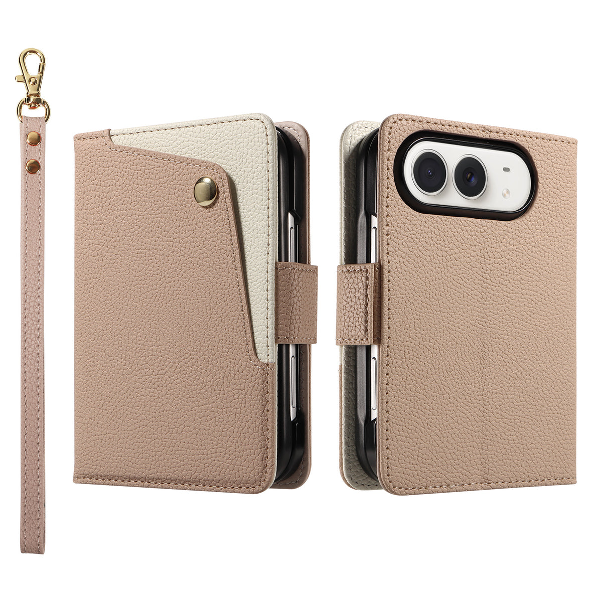 Beigetan dual-tone leather wallet case for iPhone DUO showing the front snap card pocket, back camera cutout, and detachable matching wristlet strap.