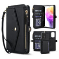 Black 2-in-1 detachable magnetic leather wallet case for Samsung Galaxy A73 A72 featuring card slots, zippered purse compartment, wristlet strap, and removable inner back cover.