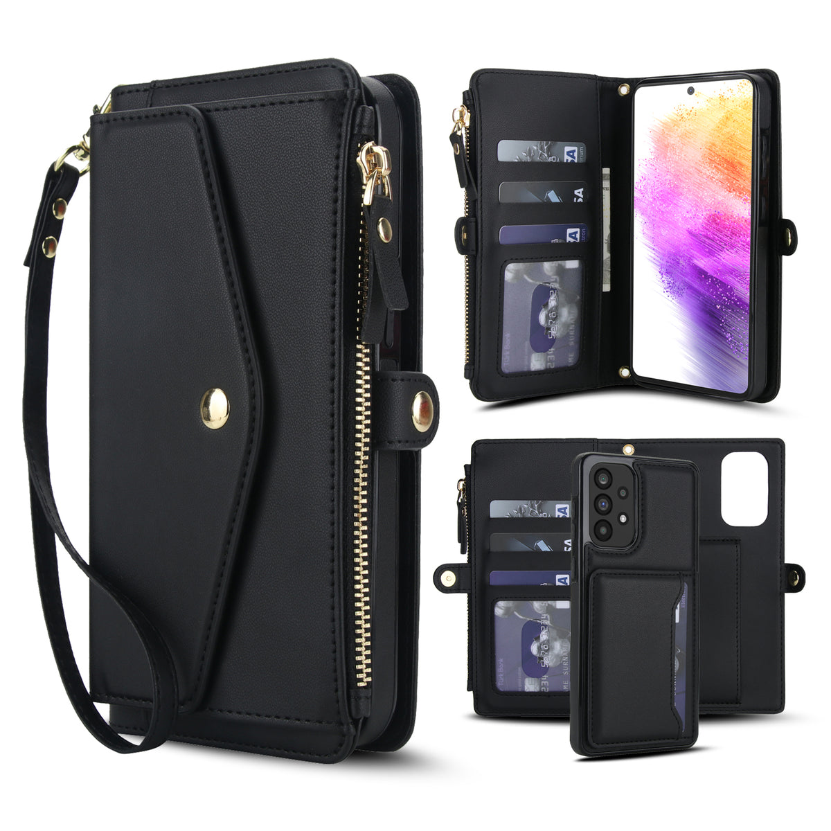 Black 2-in-1 detachable magnetic leather wallet case for Samsung Galaxy A73 A72 featuring card slots, zippered purse compartment, wristlet strap, and removable inner back cover.