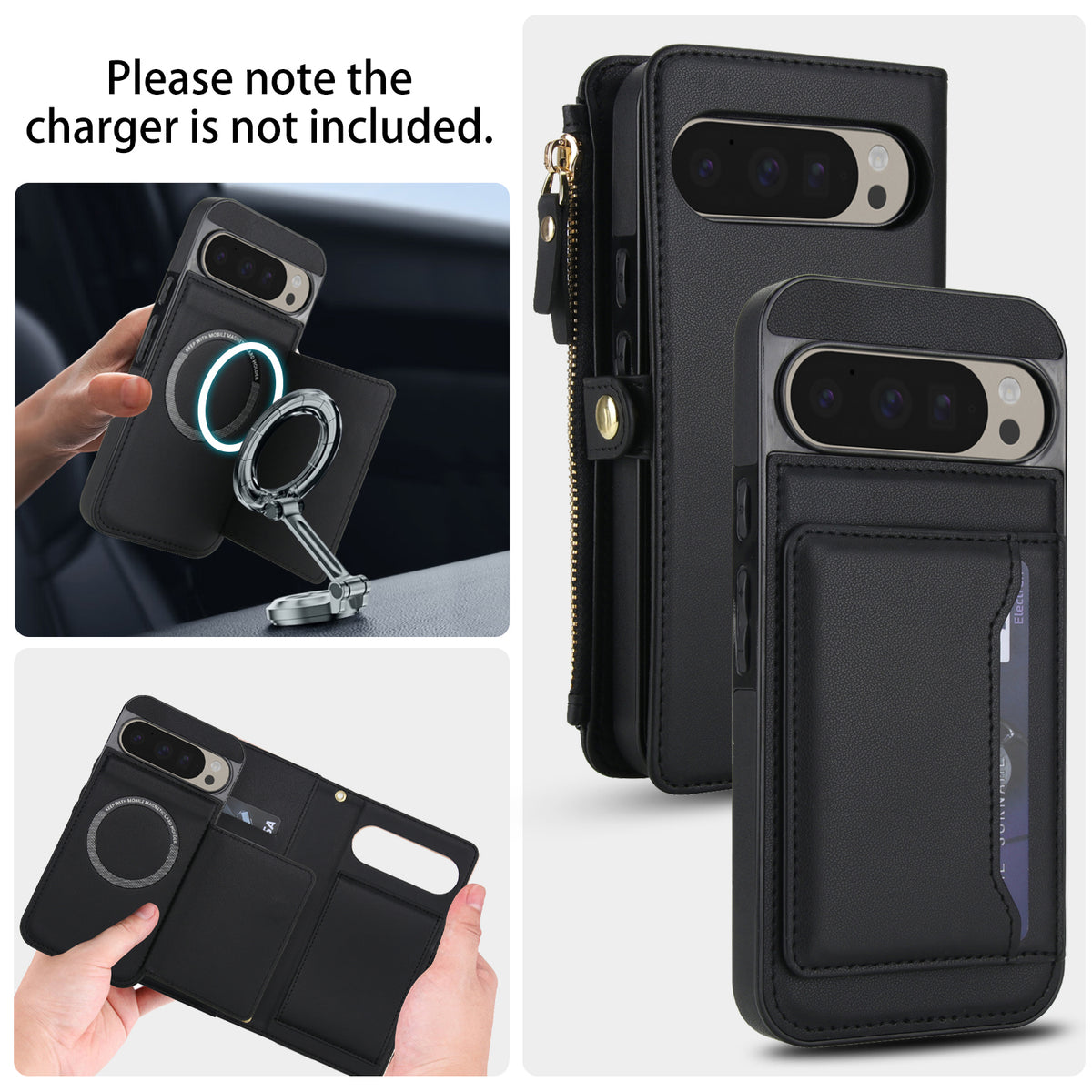 Black Google Pixel detachable inner phone cover showing rear magnetic plate holder setup.