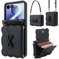 Black Samsung Galaxy Z Flip leather crossbody wallet phone case featuring scalloped bow trim, dual straps, and open RFID card slots