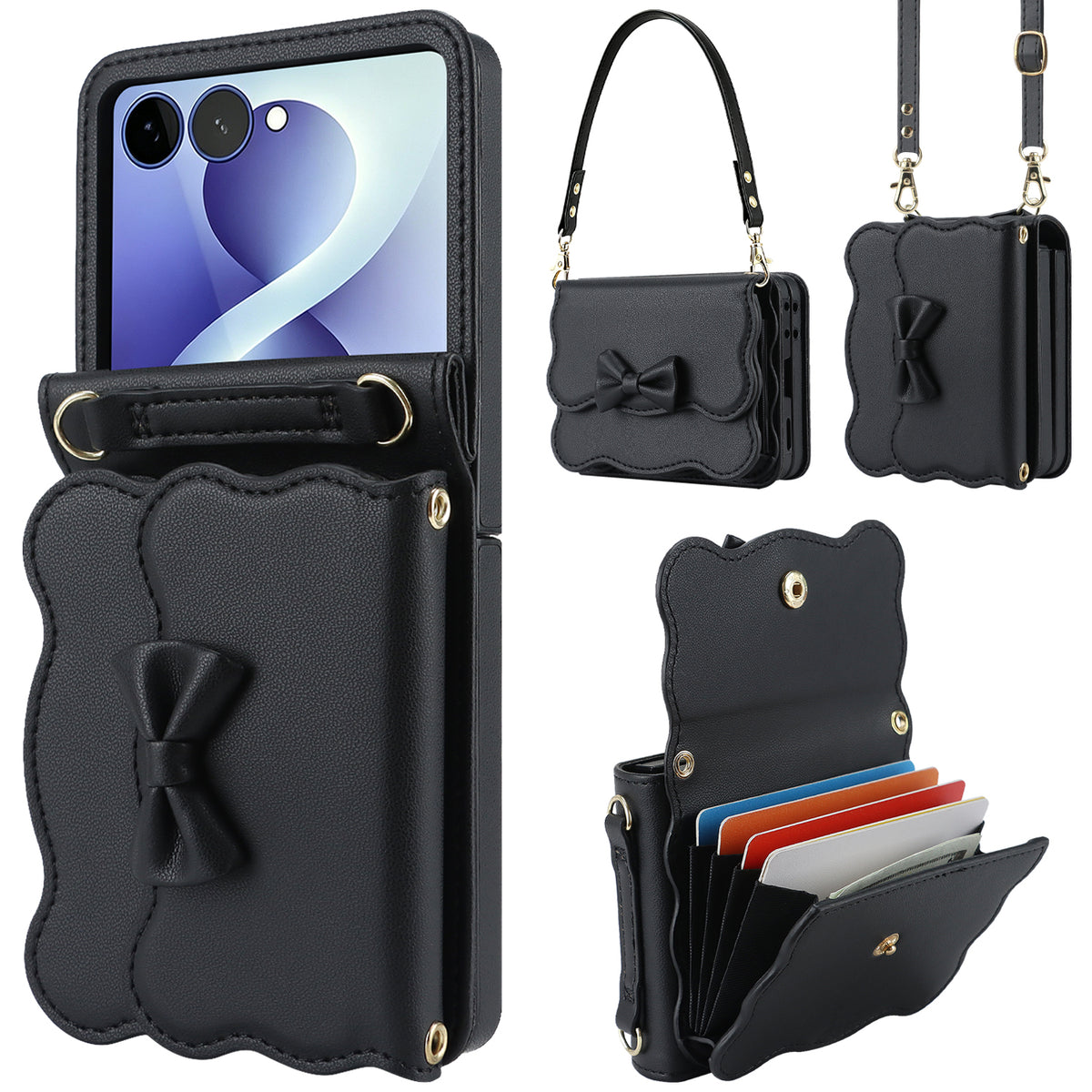 Black Samsung Galaxy Z Flip leather crossbody wallet phone case featuring scalloped bow trim, dual straps, and open RFID card slots