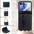 Black Samsung Galaxy Z Flip leather wallet case illustrating bow detail, crossbody strap attachment, wrist strap, and accordion card slots