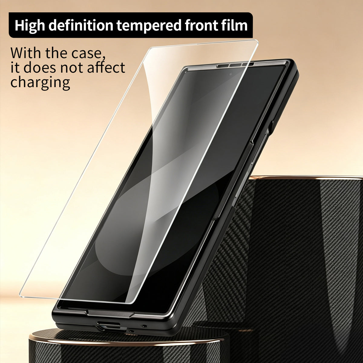 Black Samsung Galaxy Z Fold case with integrated HD tempered glass front screen protector on charging stand