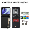 Black Samsung Z Flip wallet case interior holding credit cards, cash bills, keys, and coins in zipper pocket.⁠