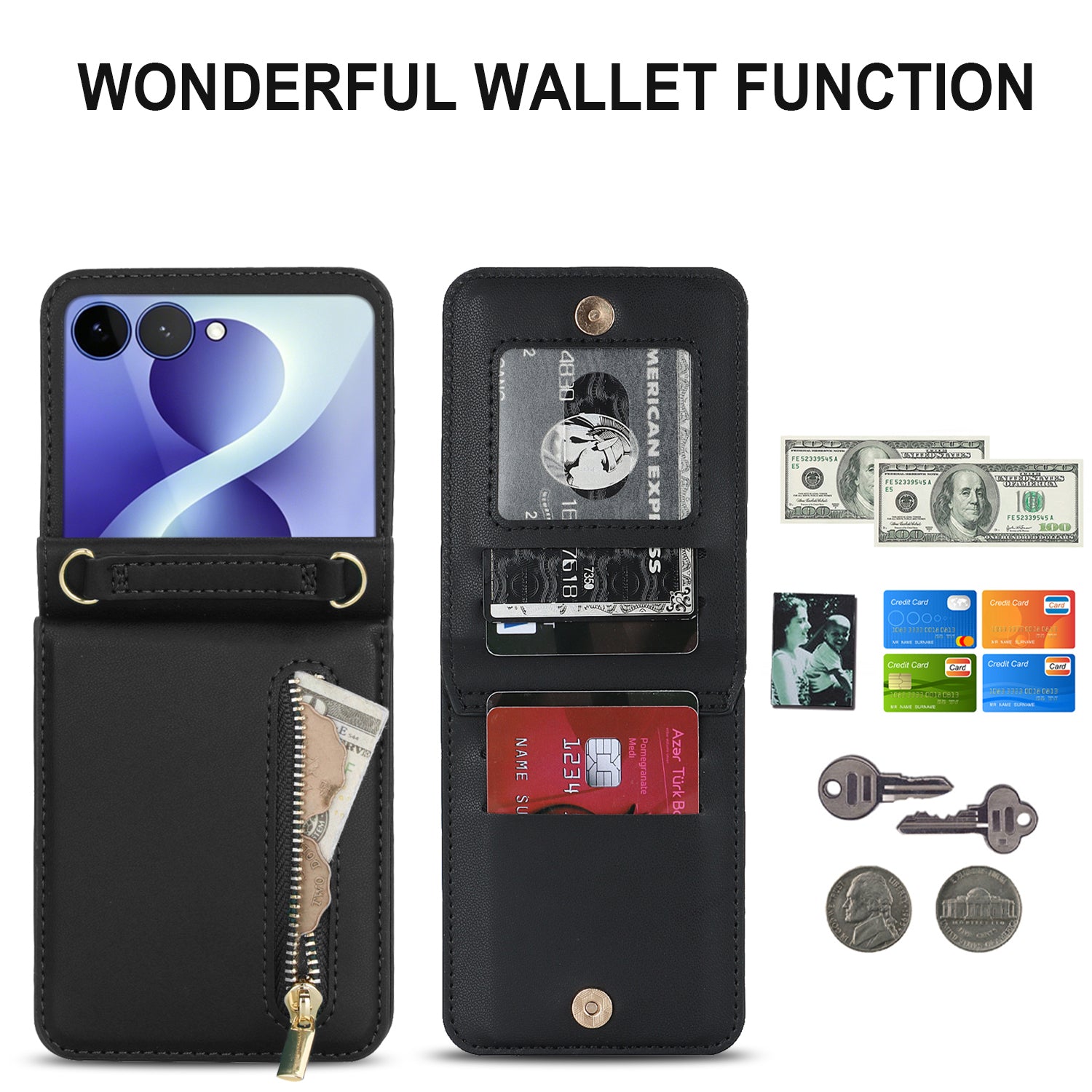 Black Samsung Z Flip wallet case interior holding credit cards, cash bills, keys, and coins in zipper pocket.⁠