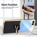 Black Z Flip leather case propped horizontally with metal ring kickstand function for hands-free viewing
