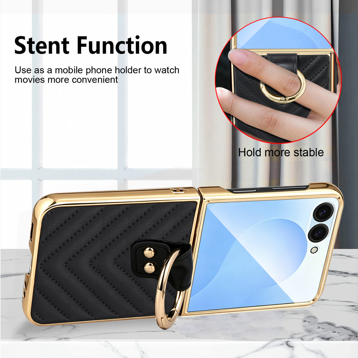 Black Z Flip leather case propped horizontally with metal ring kickstand function for hands-free viewing
