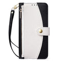 Black and off-white two-tone leather zipper wallet phone case with attached wristlet strap for iPhone 17 and 18 series.