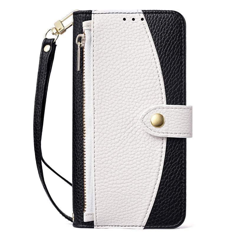 Black and off-white two-tone leather zipper wallet phone case with attached wristlet strap for iPhone 17 and 18 series.