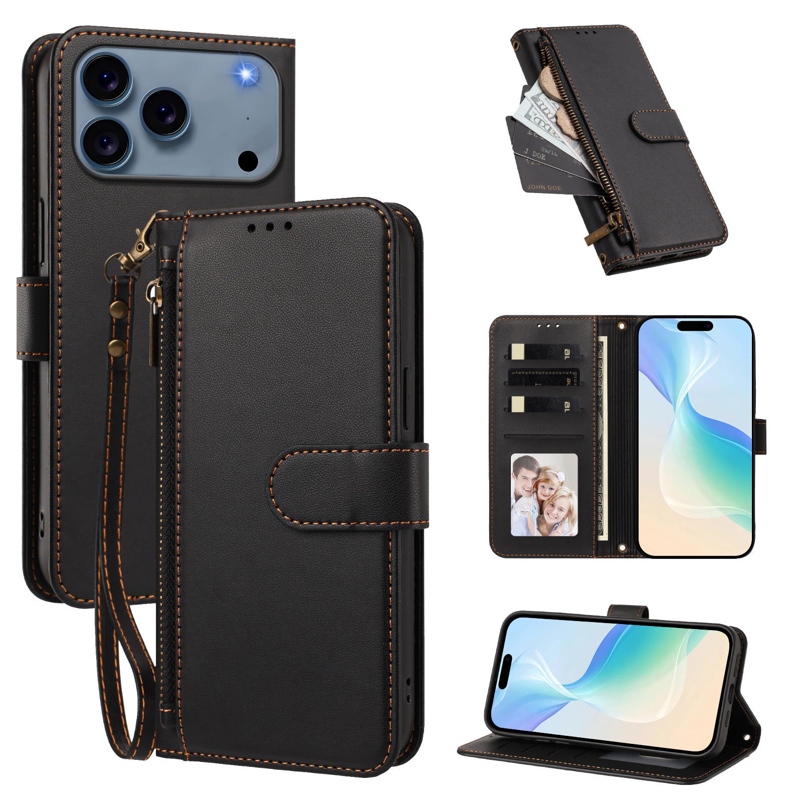Black — card holder, wrist strap