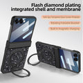 Black flash diamond plating glitter case for Samsung Galaxy Z Flip shown in both standing and flat landscape positions with feature callout labels for anti-spy glass, rotating bracket, and magnetic charging.