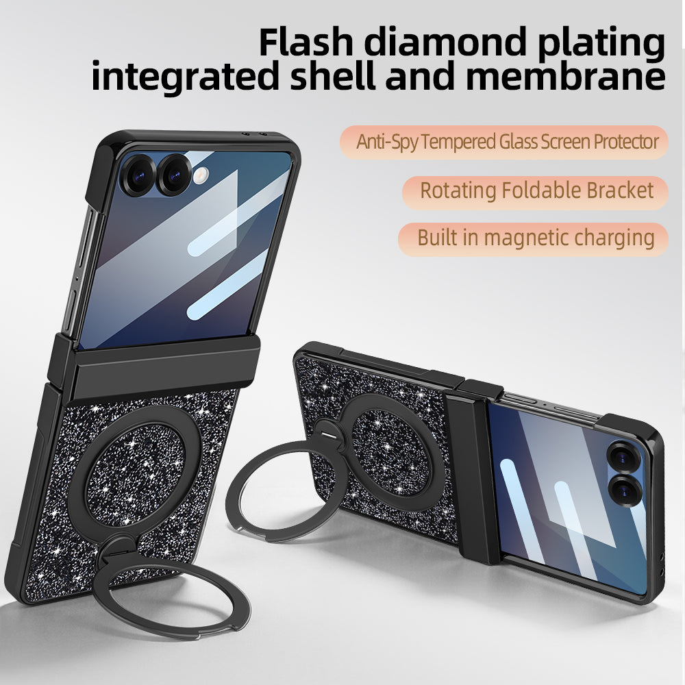 Black flash diamond plating glitter case for Samsung Galaxy Z Flip shown in both standing and flat landscape positions with feature callout labels for anti-spy glass, rotating bracket, and magnetic charging.