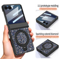 Black glitter case for Samsung Galaxy Z Flip shown open in a hand and folded, highlighting the outer screen cover, hinge guard, and ring holder.