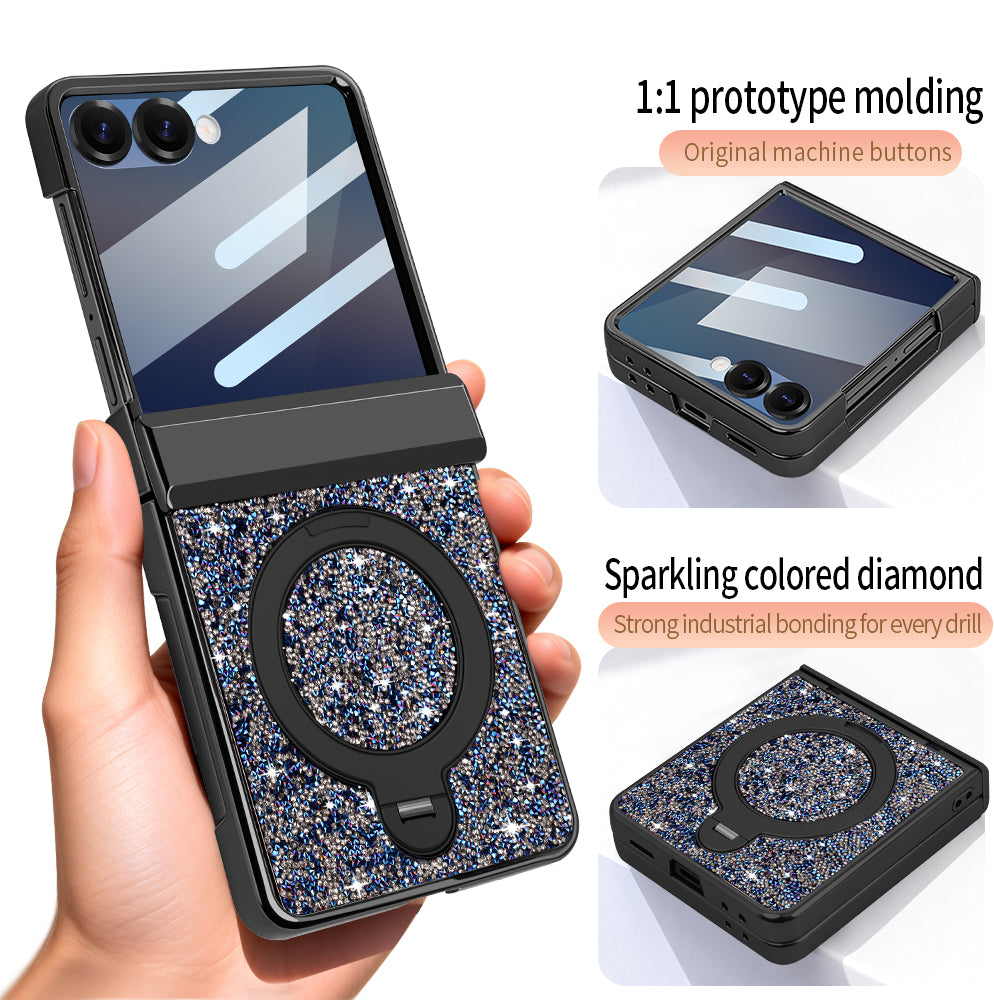 Black glitter case for Samsung Galaxy Z Flip shown open in a hand and folded, highlighting the outer screen cover, hinge guard, and ring holder.