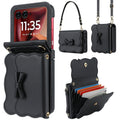 Black bow knot leather crossbody wallet case for Motorola RAZR showing cover display window, handbag wrist strap, shoulder lanyard, and opened 6-slot card accordion