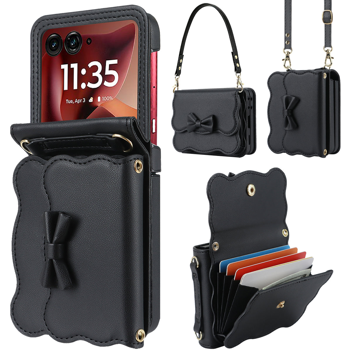 Black bow knot leather crossbody wallet case for Motorola RAZR showing cover display window, handbag wrist strap, shoulder lanyard, and opened 6-slot card accordion